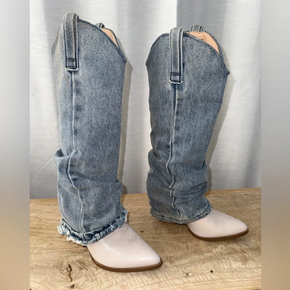 Steve Madden Lassy Denim Cowboy Boot Frayed Hem Western Festival | Size 5M - Picture 8 of 16